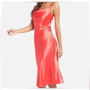BEBE Satin Slip Dress Midi Cowl Neck Bias Cut Coral Women's Size XL NWOT